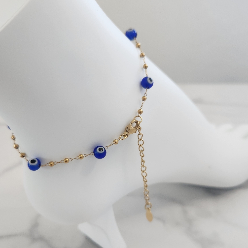 Modern Style Beaded Blue Evil Eye 18K Gold Plated Bracelet - Picture 8 of 11